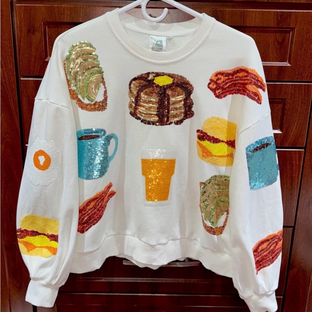 🥞🥓🍳Queen Of Sparkles XS (Oversized) Brunch Sequined Sweatshirt EUC